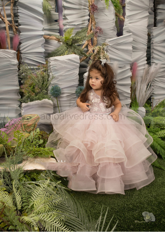 Rose Pink Lace Tulle Ruffle Keyhole Back Flower Girl Dress